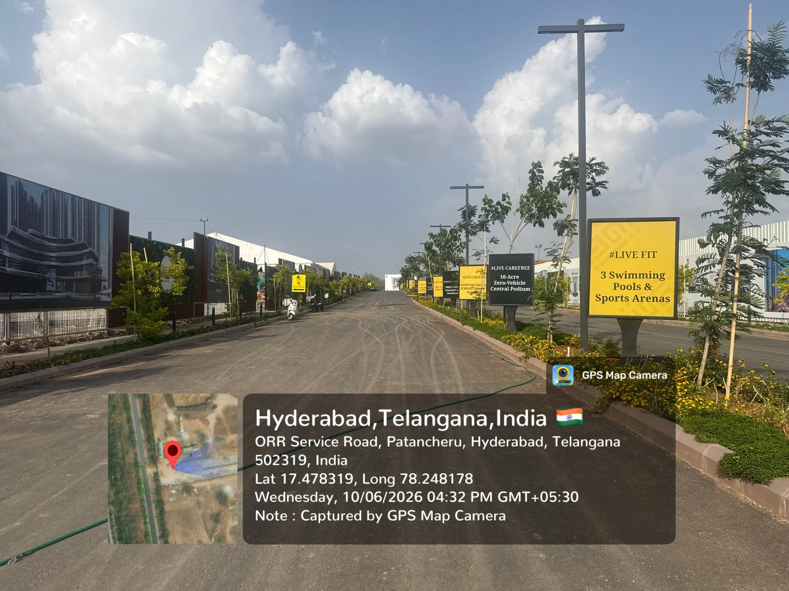 On-site hoarding highlighting 3 swimming pools and sports arenas at Prestige Golden Grove, Velimela, June 2026.