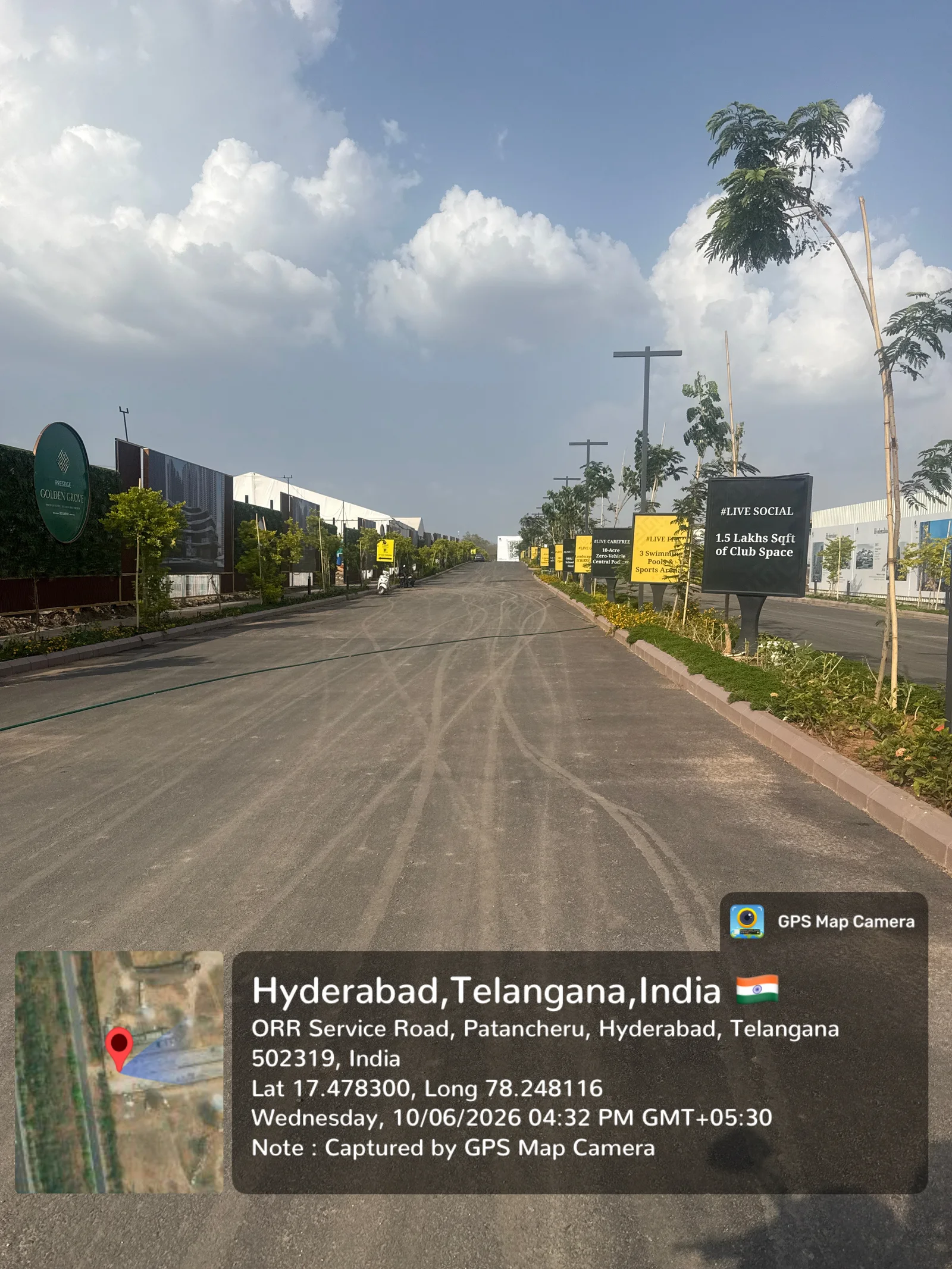 On-site hoarding highlighting the 1.5 lakh sq ft club space at Prestige Golden Grove, Velimela, June 2026.