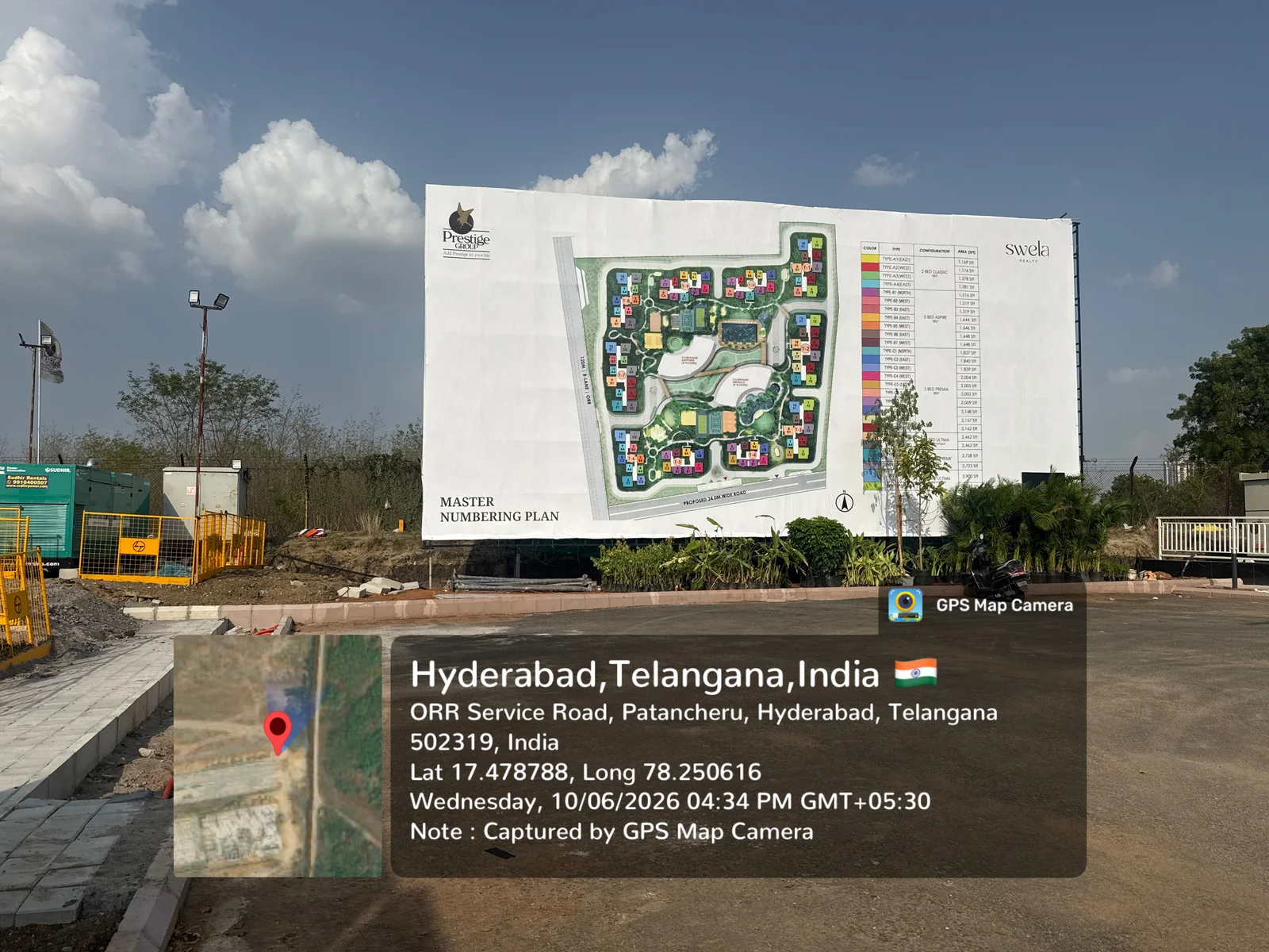 On-site master numbering plan board showing the township layout at Prestige Golden Grove, Velimela, June 2026.