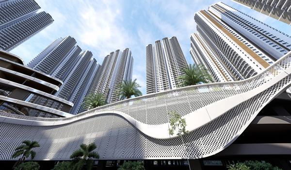 Architectural render of the sleek, modern high-rise residential towers at Prestige Golden Grove with glass balconies and white façades.