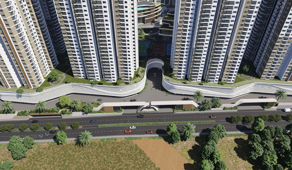 Panoramic aerial view of the Prestige Golden Grove master plan featuring high-rise towers and integrated green spaces in Tellapur.