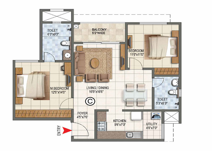 Prestige Golden Grove 2 BHK Apartment Floor Plan