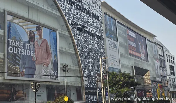 Sarath City Capital Mall in Kondapur, Hyderabad, featuring its iconic modern glass and steel facade. The image captures the grand scale of the 8-floor retail giant, situated along the busy Gachibowli-Miyapur Road, showcasing its status as a premier lifestyle and entertainment hub.