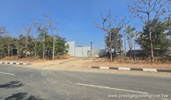 Exterior view of the main entrance gate and perimeter fencing at the Prestige Golden Grove project site during the early construction phase.