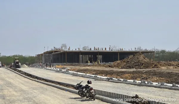Construction progress of the sales gallery / experience centre at Prestige Golden Grove, alongside a newly laid internal road.