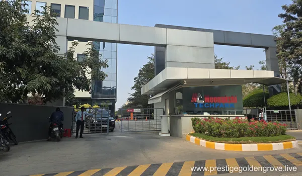 Exterior view of Meenakshi Tech Park near Prestige Golden Grove, featuring the Deloitte towers and corporate offices for global firms like Xilinx, iKeva, and Amazon in Hyderabad.