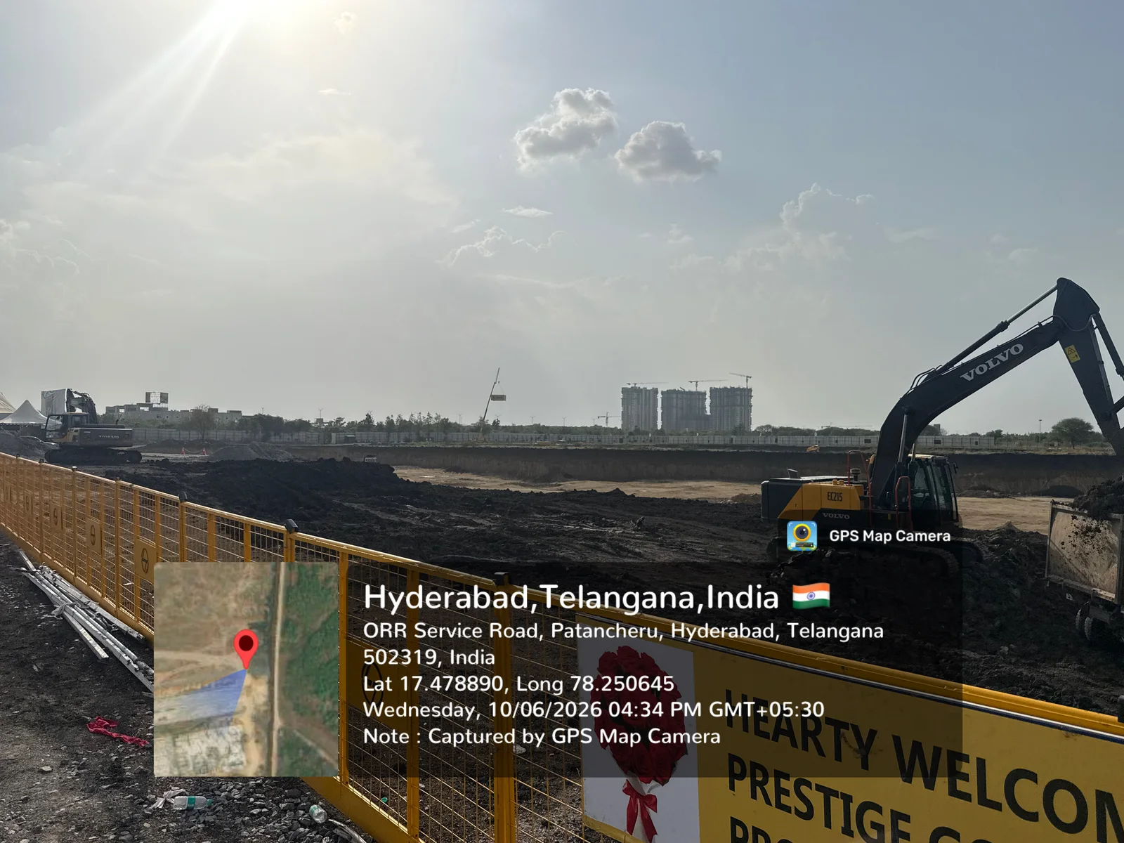 Panoramic view of the excavation works across the Prestige Golden Grove site, Velimela, Hyderabad, June 2026.