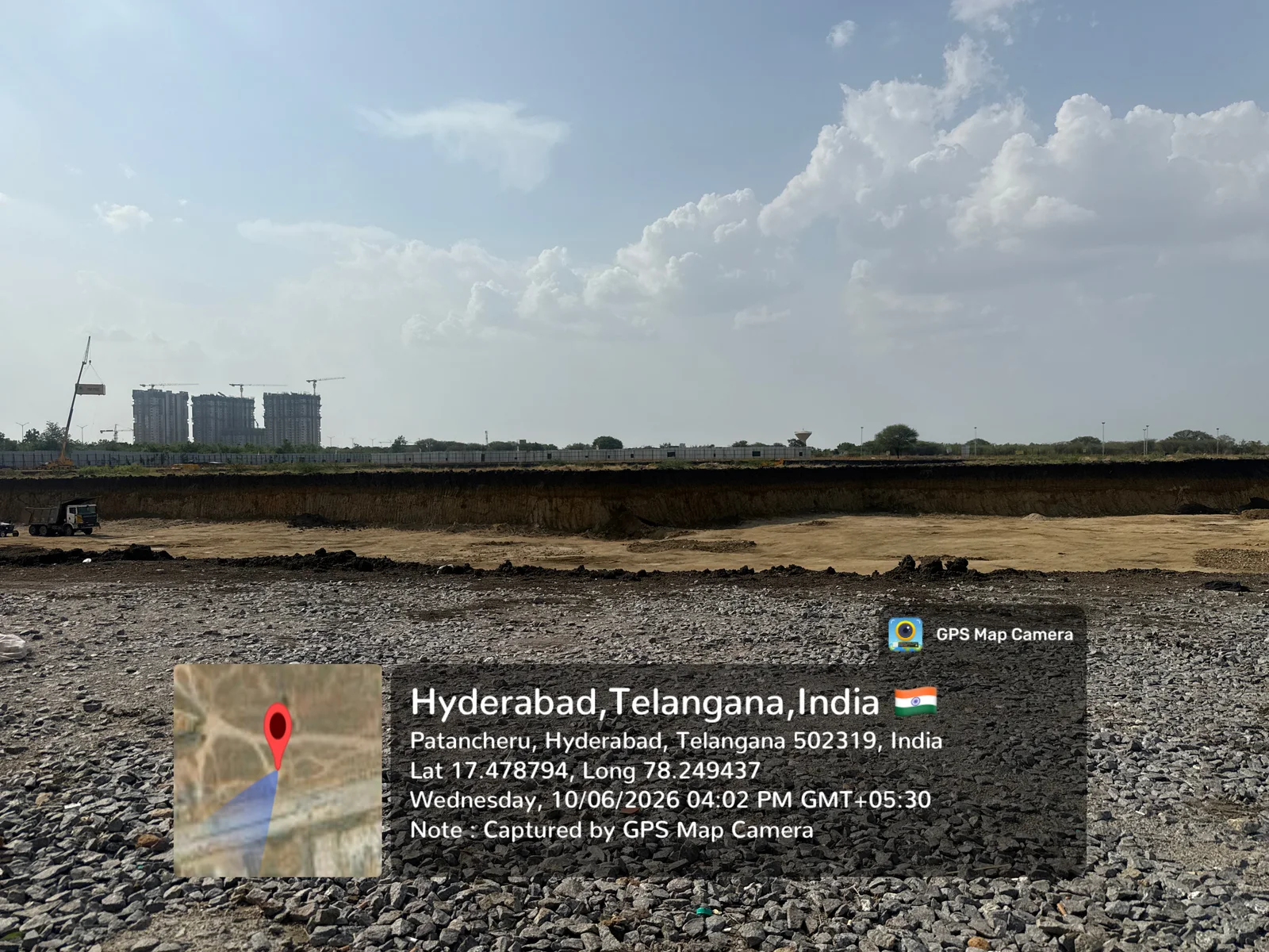 Site leveling and earthwork at Prestige Golden Grove, Velimela, Hyderabad, June 2026.