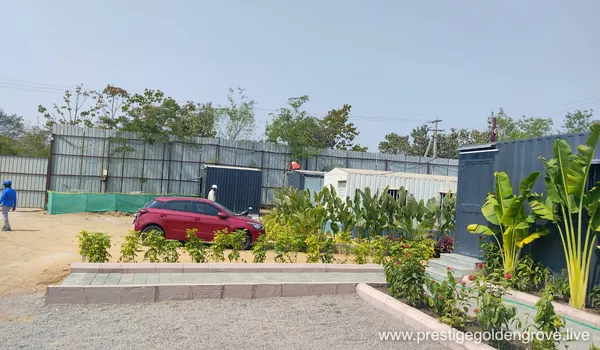 A wide-angle landscape shot of the Prestige Golden Grove project site in Velimela, Hyderabad, showing active land clearing and perimeter fencing as of early 2026.